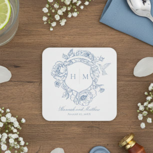 Elegante Blauwe Chinoiserie Vogel Kam Wedding Kartonnen Onderzetters