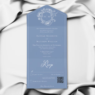 Elegante blauwe chinoiserie vogel kam wedding QR All In One Uitnodiging