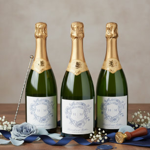 Elegante Blauwe Chinoiserie Vogel Kam Wedding Sparkling Wijnetiket