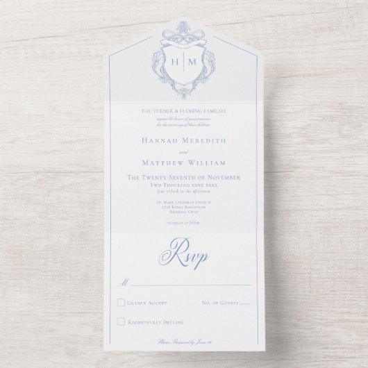 Elegante Blauwe Chinoiserie Vogel Top Bruiloft All In One Uitnodiging (Binnen)