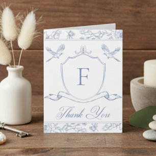 Elegante Blauwe Chinoiserie Vogel & Wapen Wedding  Bedankkaart