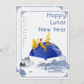 Elegante blauwe chinoiserie waaier landschap maanj feestdagenkaart (Voorkant / Achterkant)