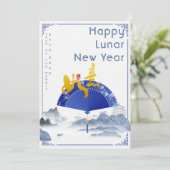 Elegante blauwe chinoiserie waaier landschap maanj feestdagenkaart (Staand voorkant)