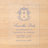 Elegante Blauwe Chinoiserie Wedding Save the Date Acryl Uitnodigingen (Voorkant)