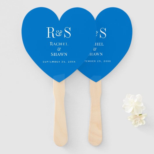 Elegante blauwe chique moderne monogram bruiloft handwaaier (Voorkant en achterkant)