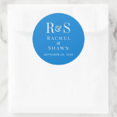 Elegante blauwe chique moderne monogram bruiloft ronde sticker (Tas)