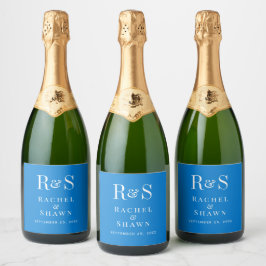 Elegante blauwe chique moderne monogram bruiloft sparkling wijnetiket