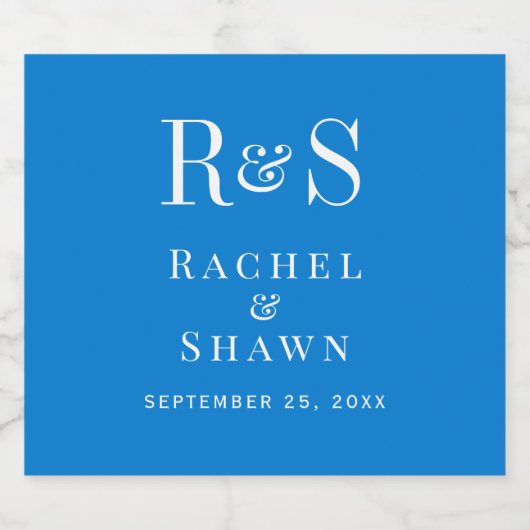 Elegante blauwe chique moderne monogram bruiloft sparkling wijnetiket (Enkel label)