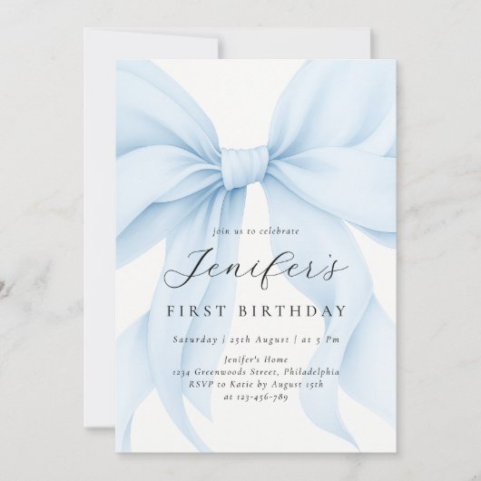 Elegante Blauwe Coquette Bow Girl Verjaardagsfeest Kaart (Voorkant)