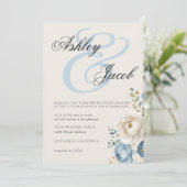 Elegante Blauwe Cream Elegante Bloemen Huwelijk Kaart (Staand voorkant)