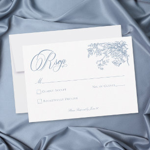 Elegante Blauwe Crest Tuinbruiloft in Vintage Stij RSVP Kaartje