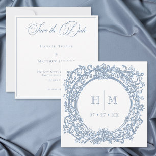 Elegante Blauwe Crest Tuinbruiloft in Vintage Stij Save The Date