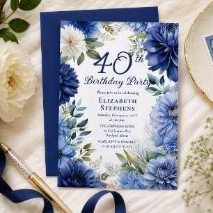 Elegante Blauwe Dahlia Bloemen 40e Verjaardagsfees Kaart