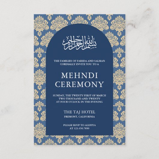 Elegante blauwe Damask Arch Islamitische Mehndi Ce Informatiekaartje (Voorkant)