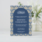 Elegante blauwe Damask Arch Islamitische Mehndi Ce Informatiekaartje (Staand voorkant)