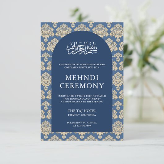 Elegante blauwe Damask Arch Islamitische Mehndi Ce Informatiekaartje (Staand voorkant)