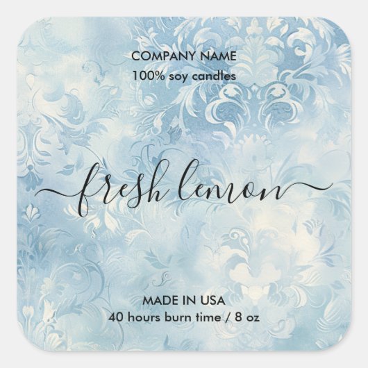 Elegante blauwe Damask Rustic Candle Product Label (Voorkant)