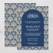 Elegante Blauwe Damast Arabische Boog Aqiqah Kaart (Voorkant / Achterkant)