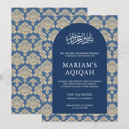 Elegante Blauwe Damast Arabische Boog Aqiqah Kaart (Voorkant / Achterkant)