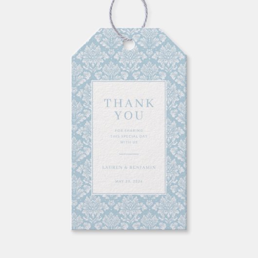 Elegante Blauwe Damast Dankbaarheid Cadeaulabel (Voorkant)