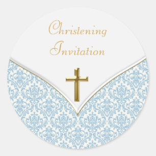 Elegante blauwe damast doopstickers ronde sticker