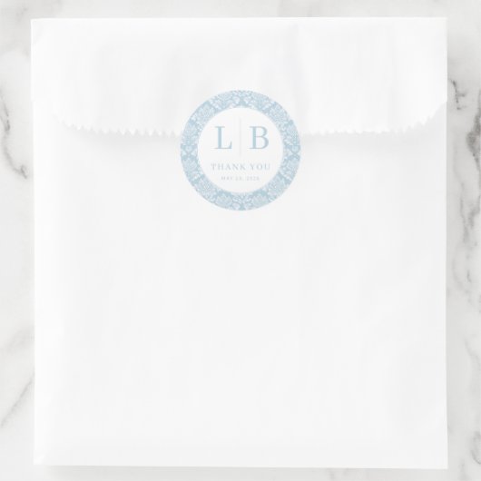 Elegante Blauwe Damast Initialen Ronde Sticker (Tas)