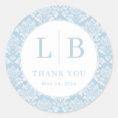 Elegante Blauwe Damast Initialen Ronde Sticker (Voorkant)