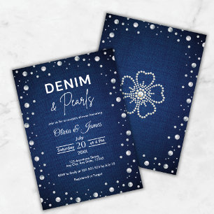 Elegante blauwe denim en parels koppel bruisfeest kaart