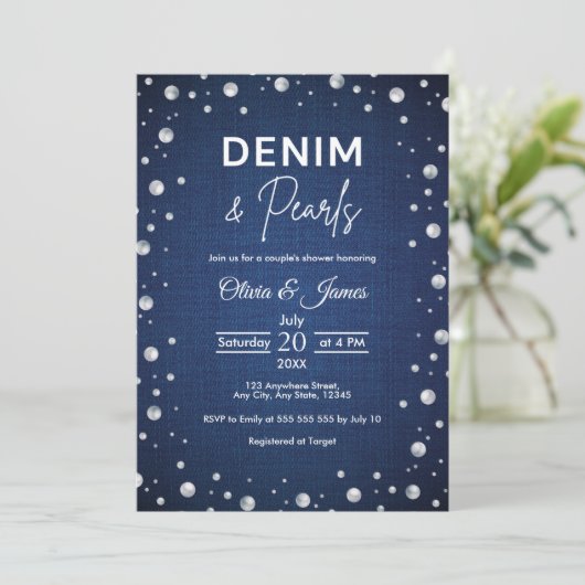 Elegante blauwe denim en parels paar douche kaart (Staand voorkant)