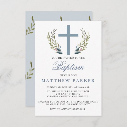 Elegante blauwe doop / doop uitnodiging (Voorkant / Achterkant)