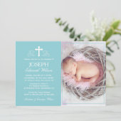 Elegante Blauwe Doop Fotouitnodiging Kaart (Staand voorkant)
