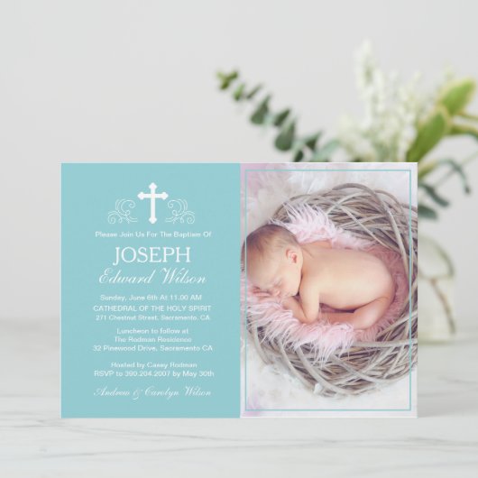 Elegante Blauwe Doop Fotouitnodiging Kaart (Staand voorkant)