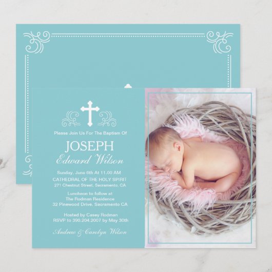 Elegante Blauwe Doop Fotouitnodiging Kaart (Voorkant / Achterkant)