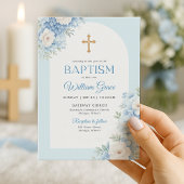 Elegante blauwe doopuitnodiging met bloemendesign kaart