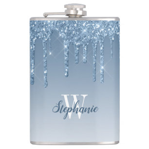 Elegante Blauwe Drip Faux Glitter Monogram Heupfles