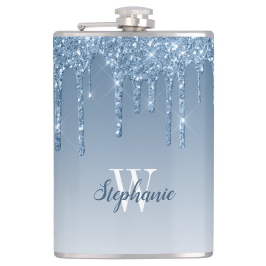Elegante Blauwe Drip Faux Glitter Monogram Heupfles (Voorkant)