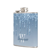 Elegante Blauwe Drip Faux Glitter Monogram Heupfles (Links)
