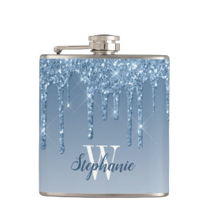 Elegante Blauwe Drip Faux Glitter Monogram Heupfles