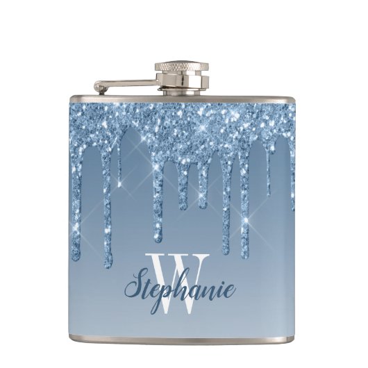 Elegante Blauwe Drip Faux Glitter Monogram Heupfles (Voorkant)