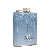 Elegante Blauwe Drip Faux Glitter Monogram Heupfles (Rechts)