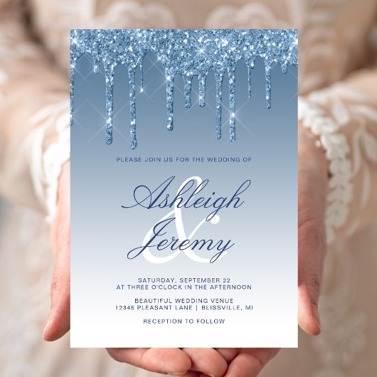 Elegante Blauwe Drip Glitter Script Bruiloft Kaart