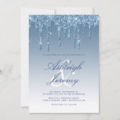 Elegante Blauwe Drip Glitter Script Bruiloft Kaart (Voorkant)
