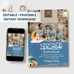 Elegante Blauwe Eid Mubarak Familie Foto Vakantiek Feestdagenkaart