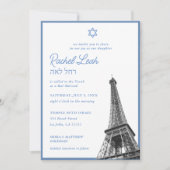 Elegante Blauwe Eiffeltoren Bat Mitzvah Uitnodigin Kaart (Voorkant)