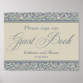 Elegante blauwe en beige bruiloftgastboek signage poster