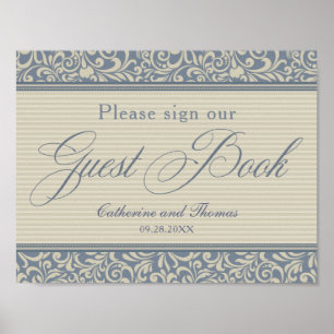 Elegante blauwe en beige bruiloftgastboek signage poster