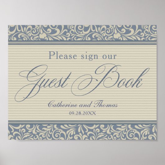 Elegante blauwe en beige bruiloftgastboek signage poster (Voorkant)