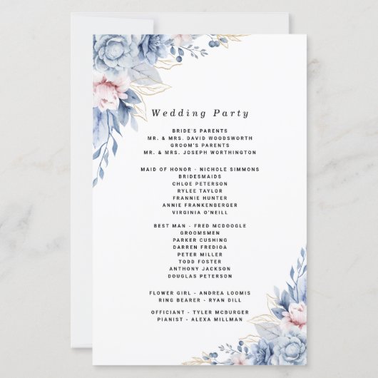 Elegante blauwe en blozen bloemenbruiloft (Achterkant)