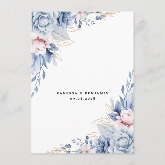 Elegante blauwe en blozen bloemenbruiloft informatiekaartje (Achterkant)