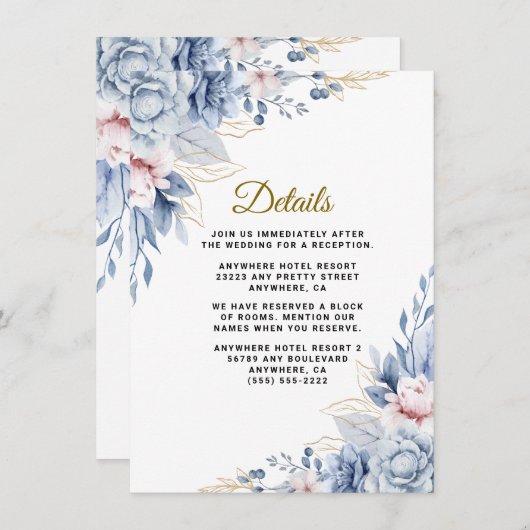 Elegante blauwe en blozen bloemenbruiloft informatiekaartje (Voorkant / Achterkant)